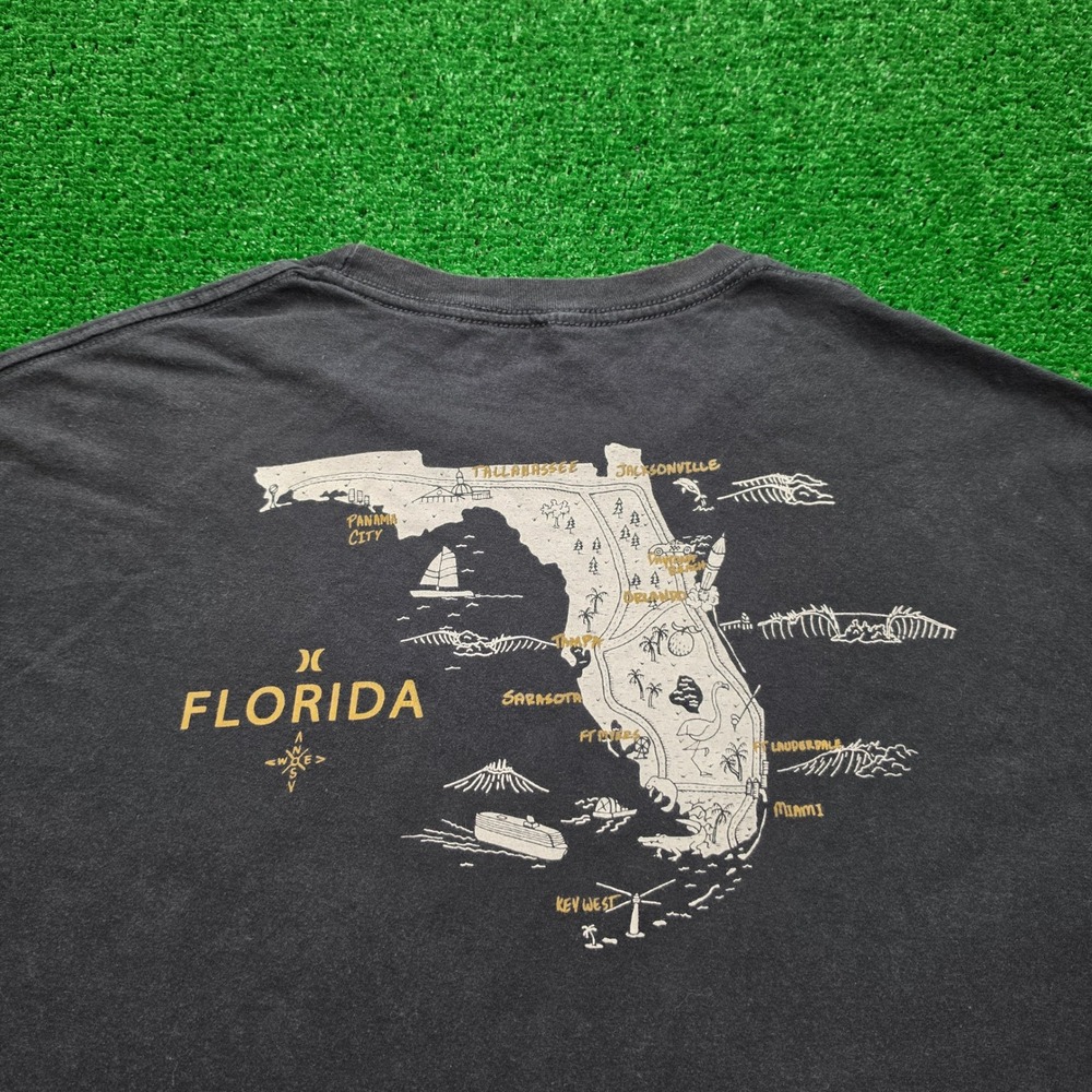Hurley Tshirt Mens 2XL Black Short Sleeve Graphic Florida Map Souvenir Tee Surf - Picture 2 of 8